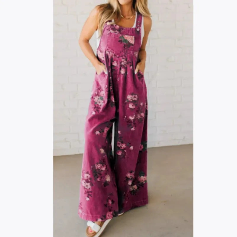 Women Jumpsuits Floral Printed Overalls Square Neck Sleeveless Rompers