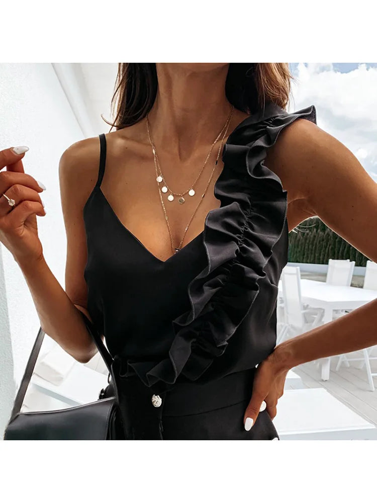 Women Summer Blouse Shirts Sexy V Neck Ruffle Blouses Backless