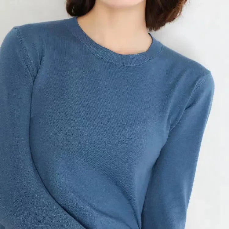 Women Sweater O-neck Long-sleeved Solid Knitwear Bottoming Shirt