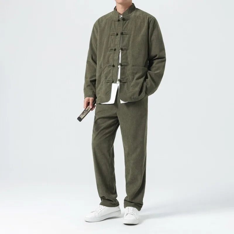 Men Corduroy Sets Men Tang Suit Jackets +Pants