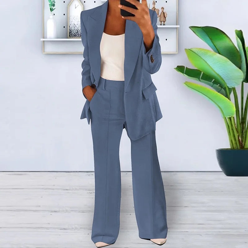 Women's Sets Two 2 Pieces Casual Pocket Single Button Blazer Jackets& High Elastic Waist Workwear Wide Leg Pant Suits