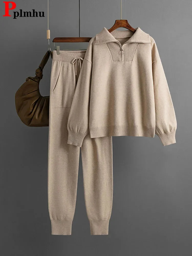 Women Casual Knitwear Pullovers Tops Conjuntos High Waist Jogger Pants Tracksuit