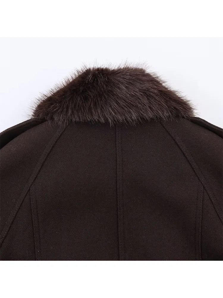 Fur Turn-Down Collar Coats Solid Long Sleeves Pocket Double Breasted Female Jackets