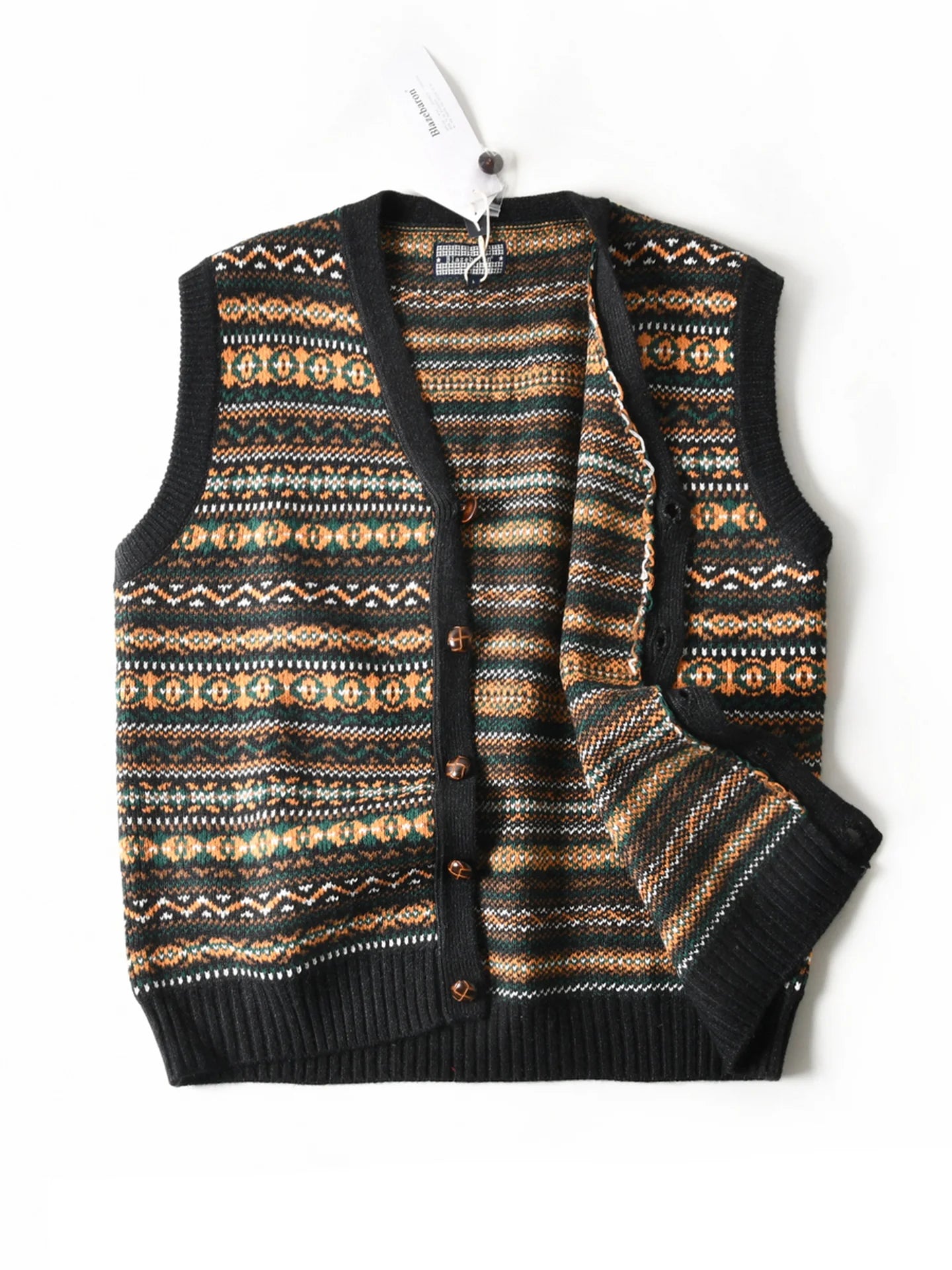 Retro Style Lambswool Blend Jacquard Knit V-Neck Cardigan