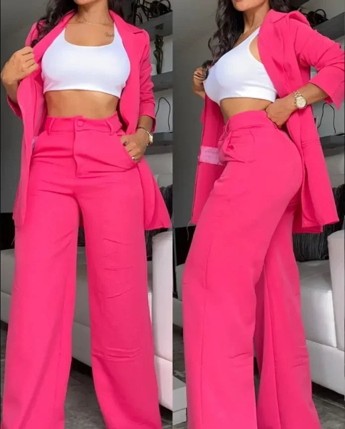 Women Two Piece Set  Single Breasted Tracksuit Outerwear Ankle Length Straight Pockets Set