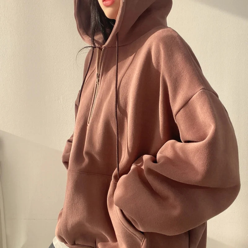 Women Hoodie  Loose Oversized Solid Color Top Half Zip Up Sweatshirt