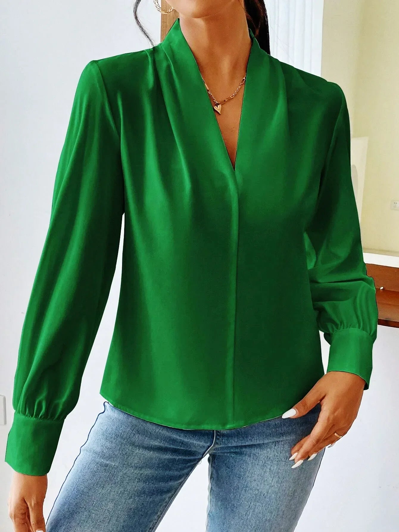 Women's Elegant Blouses Solid Color Long Sleeve V Neck Shirts