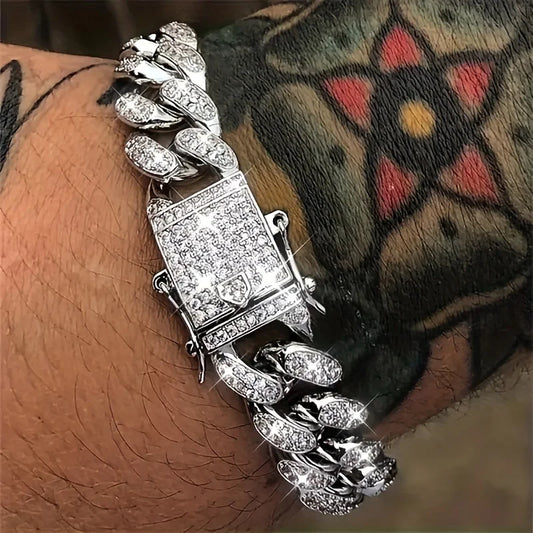 Luxury Iced Out Cuban Link Chain Bracelet for Men Paved Crystal Hip-Hop Jewelry Stainless Steel
