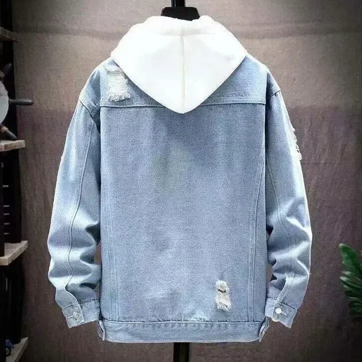 Men Denim Jacket  Ripped Hole Single Breasted Coats Spliced Outerwear