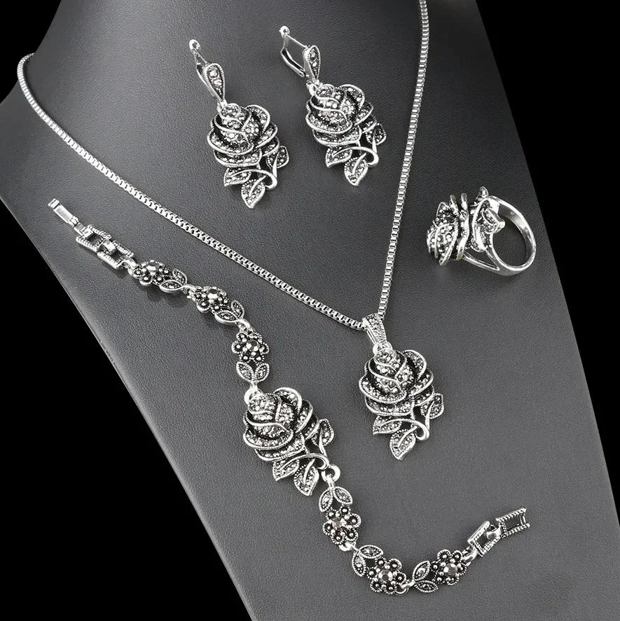 Creative Personalized Original Rose Women's Jewelry Ring Earring Necklace Bracelet  Jewelry Set