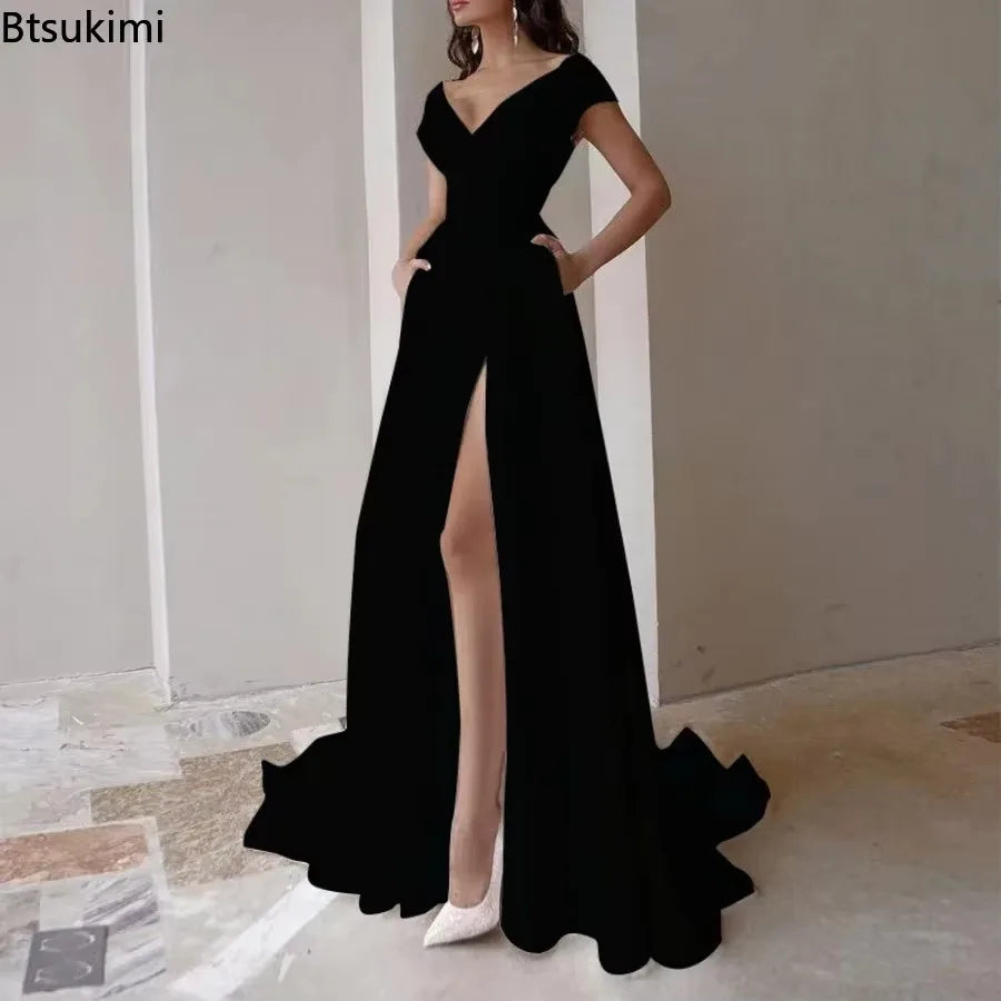 Sexy V-neck Ruffle Solid Mid Waist Temperament Maxi Dress
