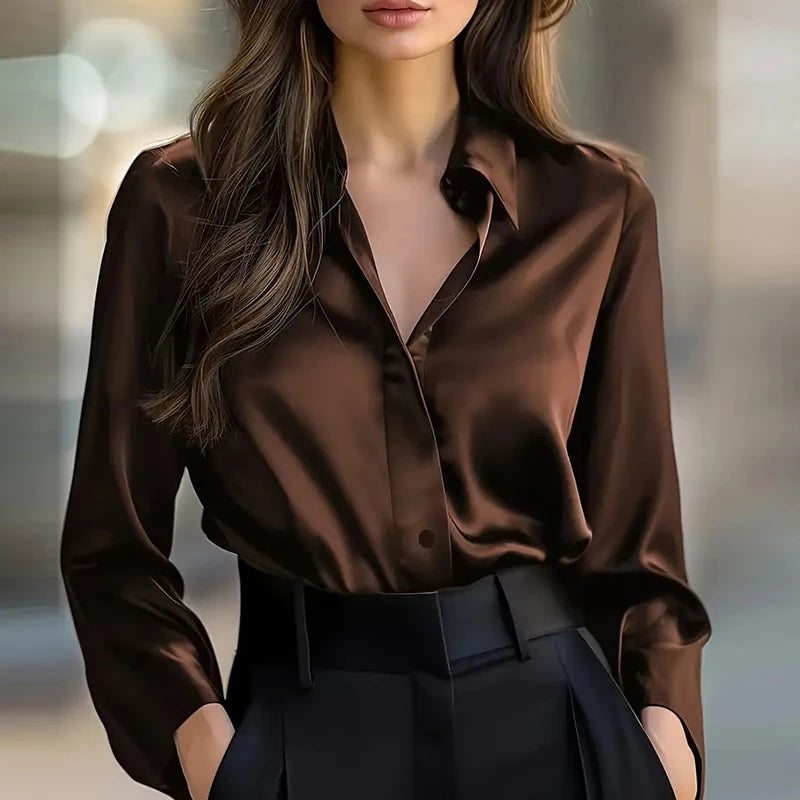 Elegant Blouses For WomenFlare Long Sleeve Button Silk Blouse