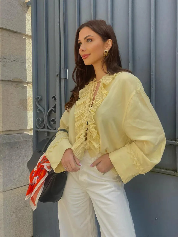 HH Women's Fashion Blouses Light Yellow V-Neck Long Sleeves Tierred Decoration