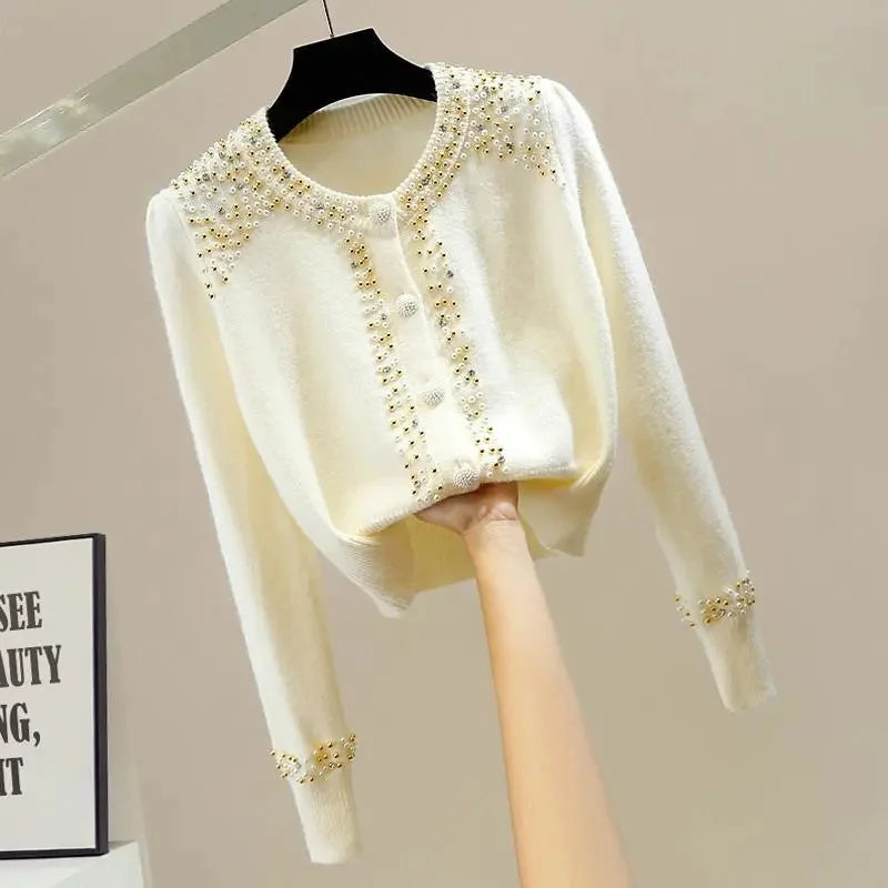 New O-Neck Knitted Sweater Close-Fitting Beading Pullover
