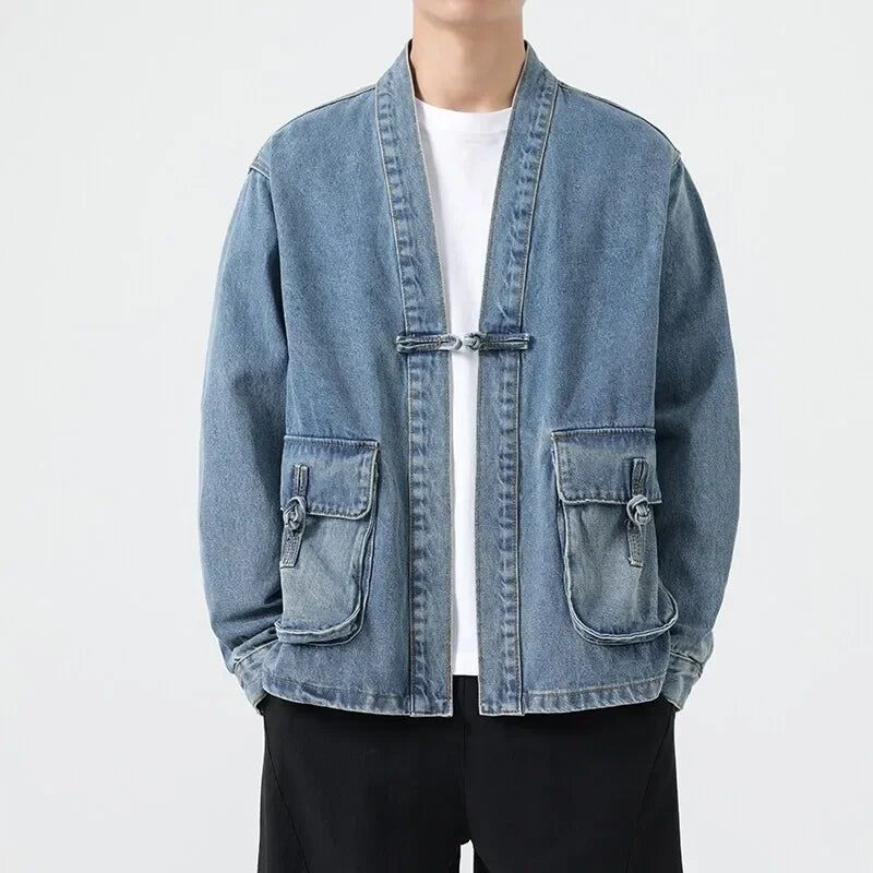 Fashion Men Denim Jacket Cotton Kimono Vintage Traditional Jackets