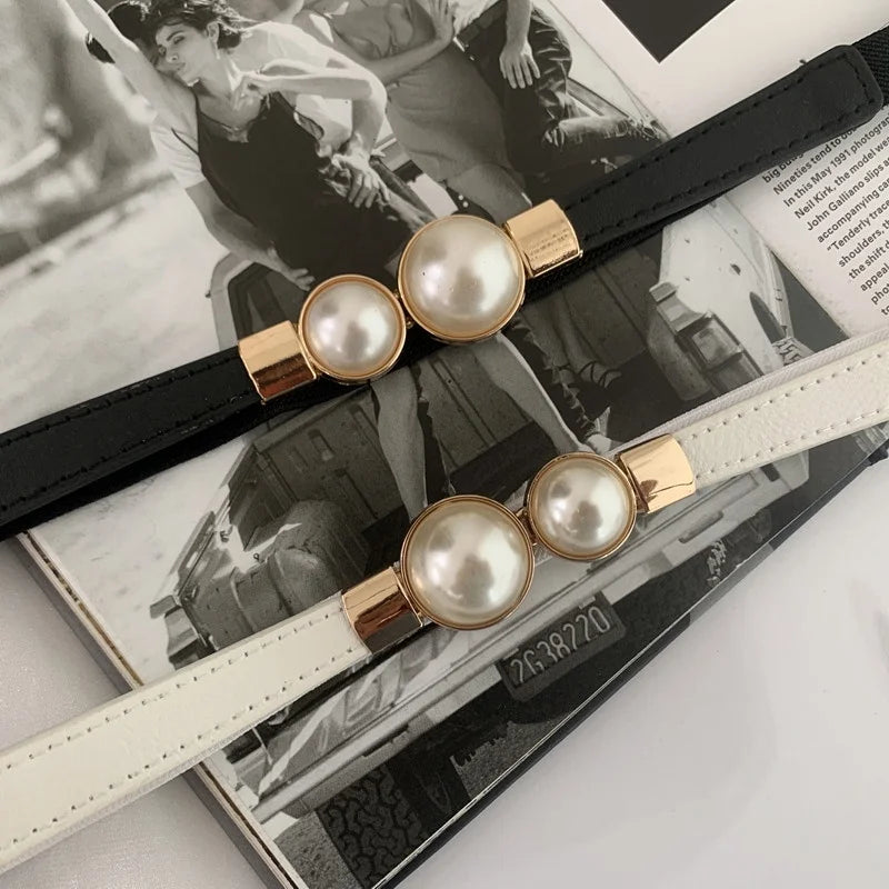 Double Pearls Buckle Elastic Women Belts