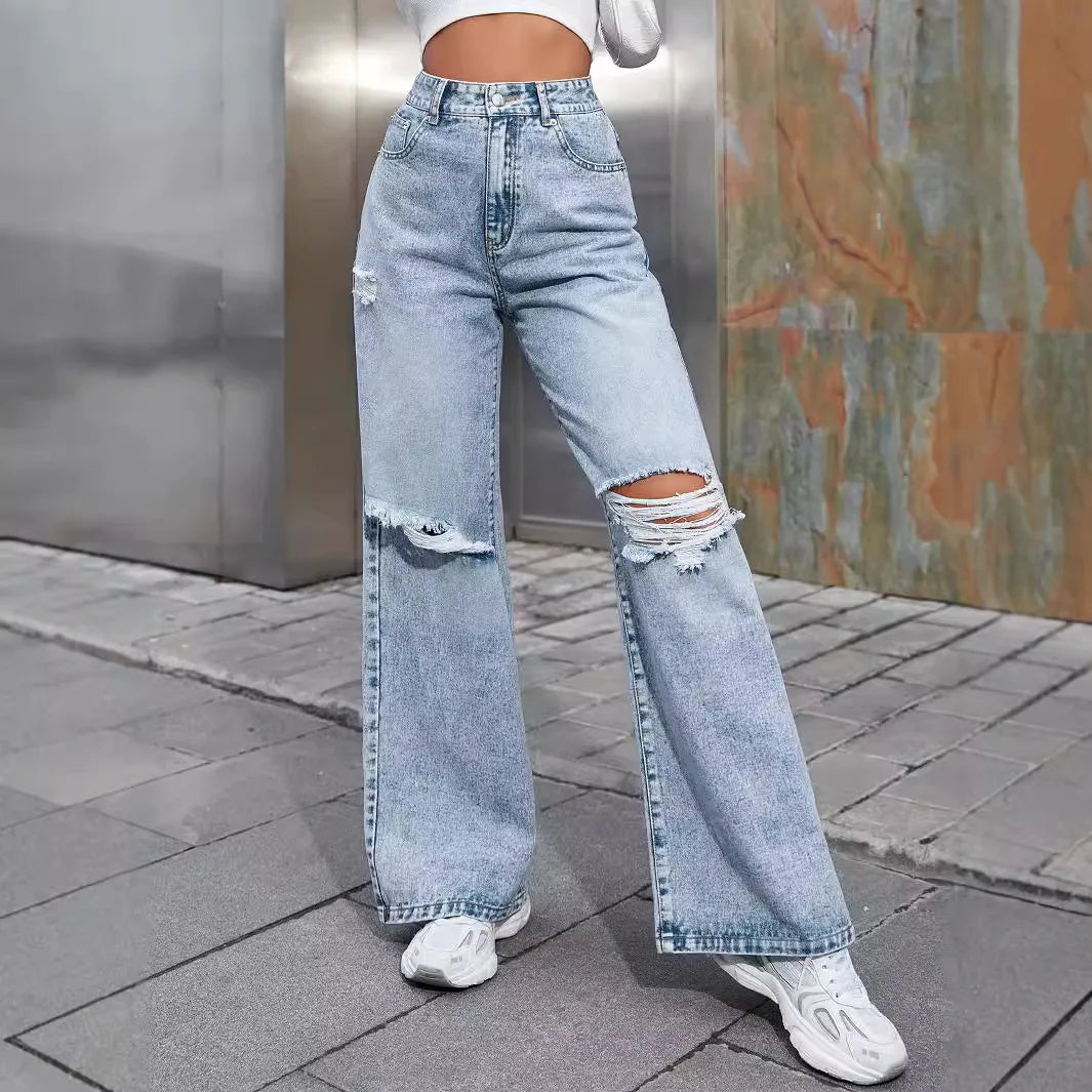 Women's Fashion Ripped High Waist Wide Leg Casual  Boyfriend