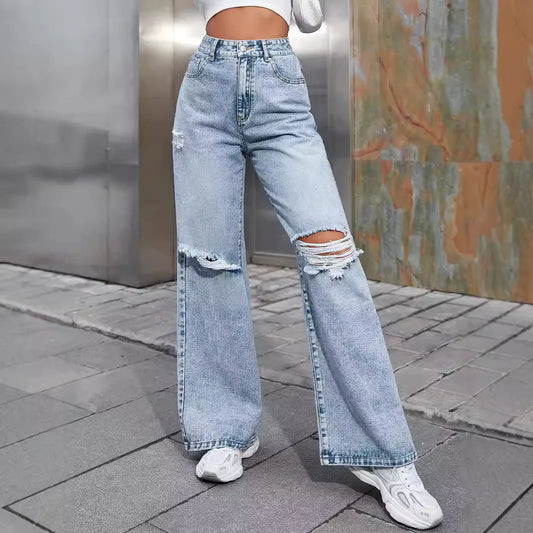 Women's Fashion Ripped High Waist Wide Leg Casual  Boyfriend