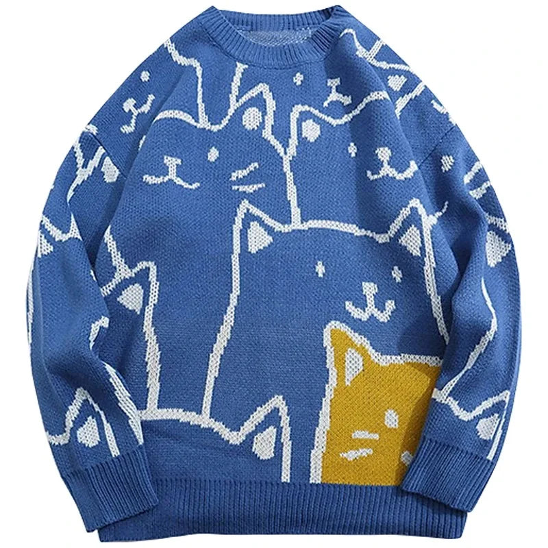 Cartoon Cat Knitted Sweater. Men 's  Jumper Knit Oversized Vintage Sweater