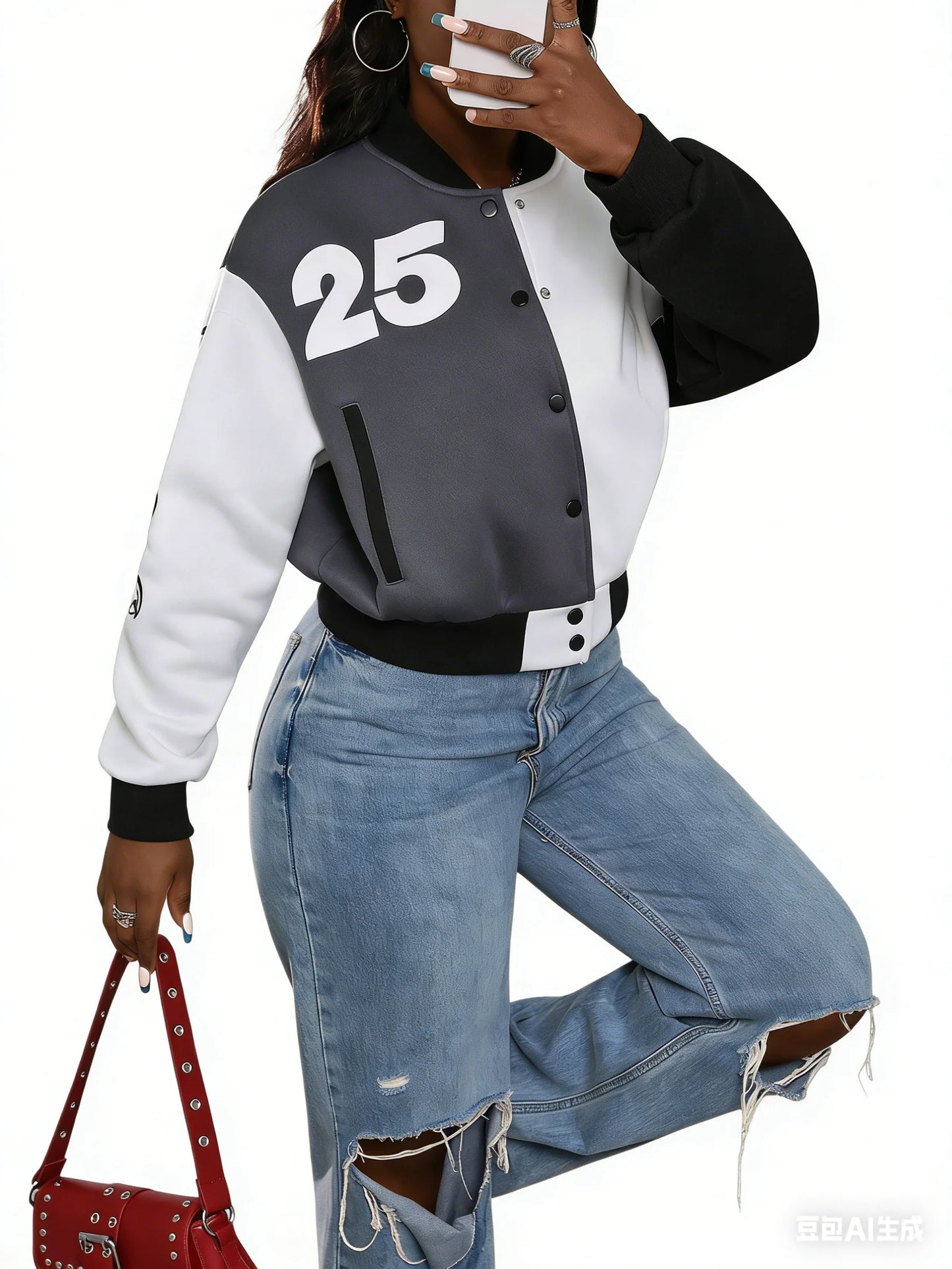 Women's Trendy Varsity Jackets Knitted Baseball Coats with Button Front Pockets