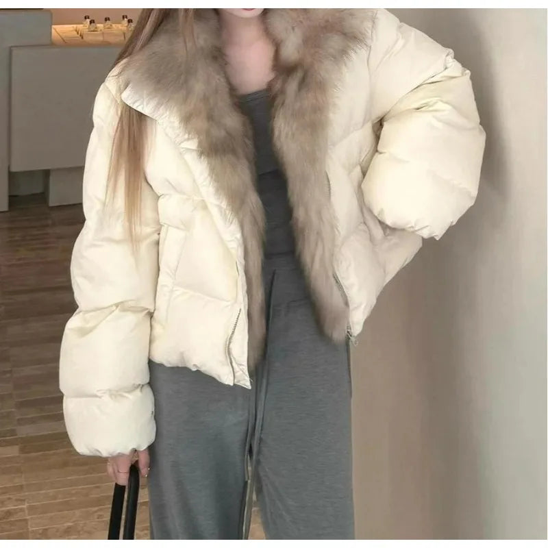 Short Puffer Jacket with Large Fur Collar for Women