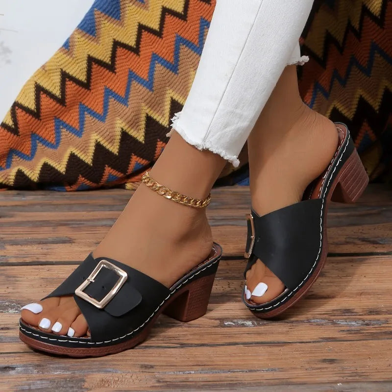Women Sandals Soft Platform Shoes Ladies Chunky Heels Buckle Designer Slippers