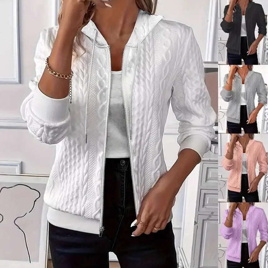 Women's Zipper Hooded Sweatshirt Waist-Cinching Regular Sleeve