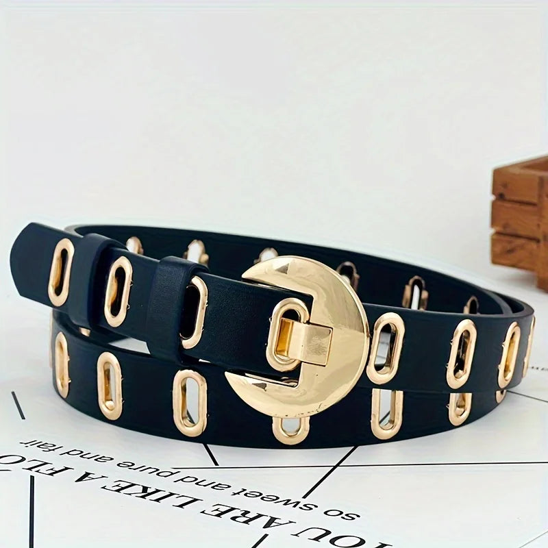 Women's Fashion Belt with Gold Crescent Buckle