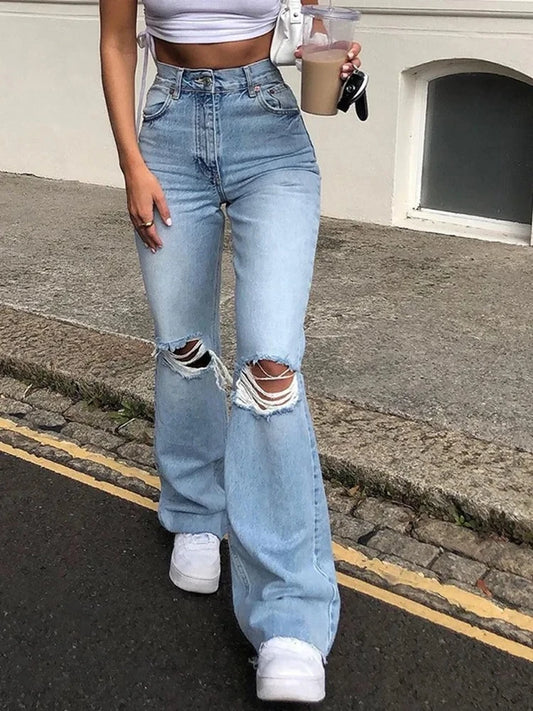 Ripped Jeans For Women Streetwear High Waisted Denim Trousers