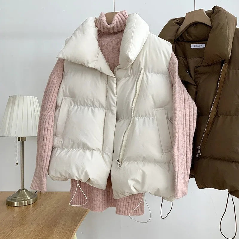 Stand Collar Elegant Down Coats Warm Outerwear Casual Belt Sleeveless Jackets