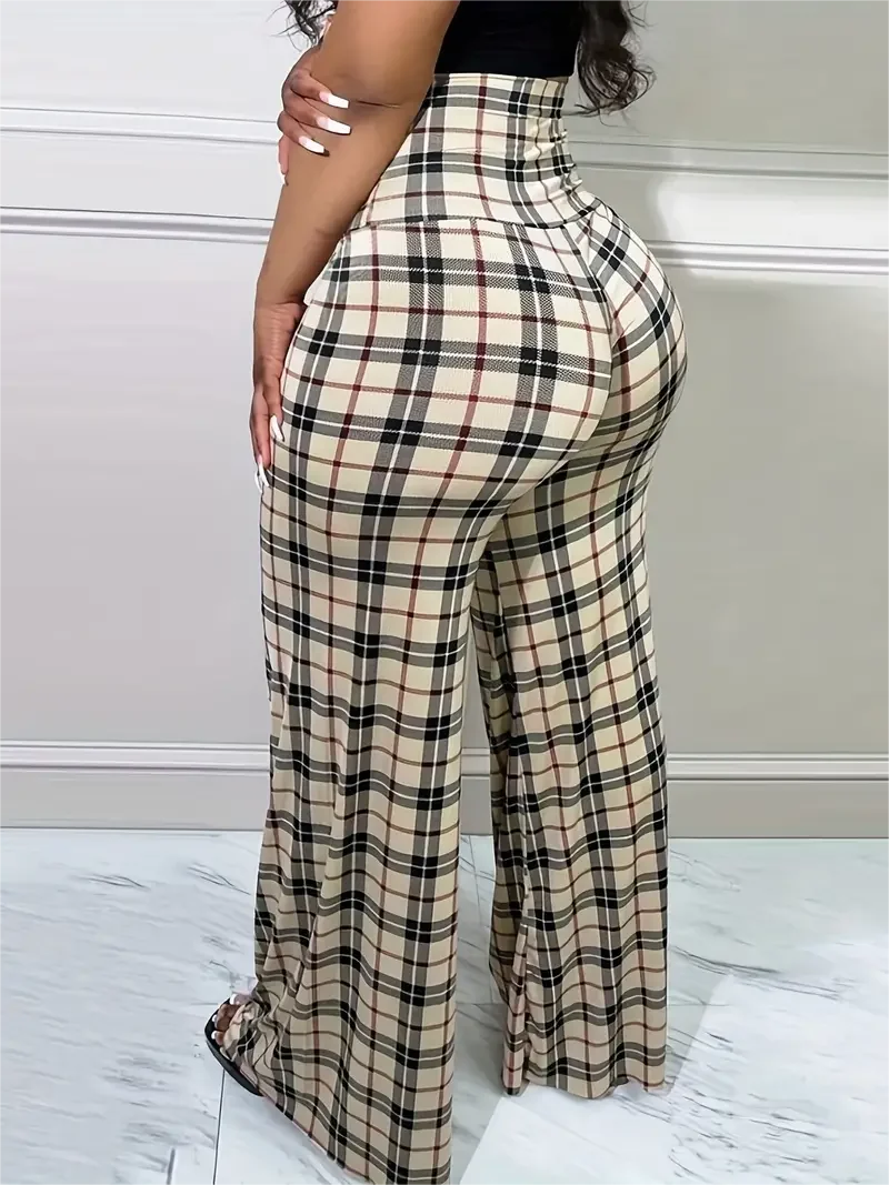 Women's Plaid Wide Leg High Waist Casual pants