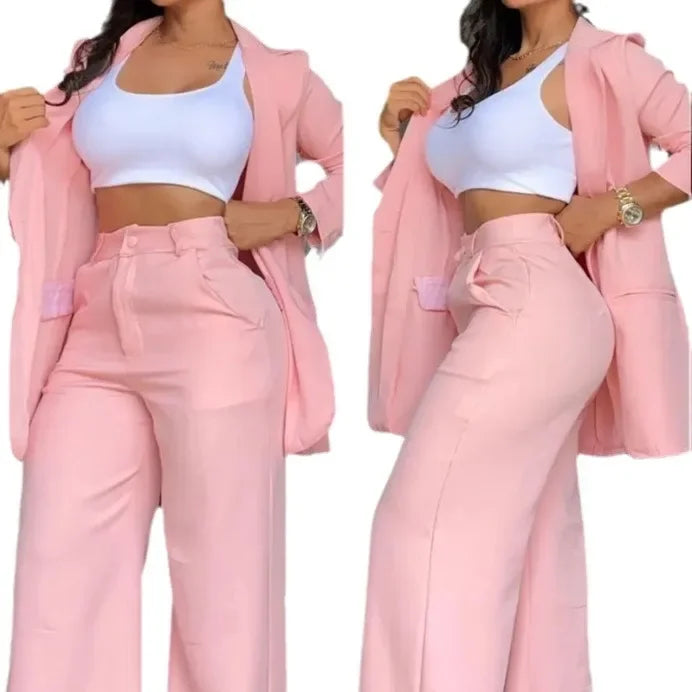 Women Two Piece Set  Single Breasted Tracksuit Outerwear Ankle Length Straight Pockets Set