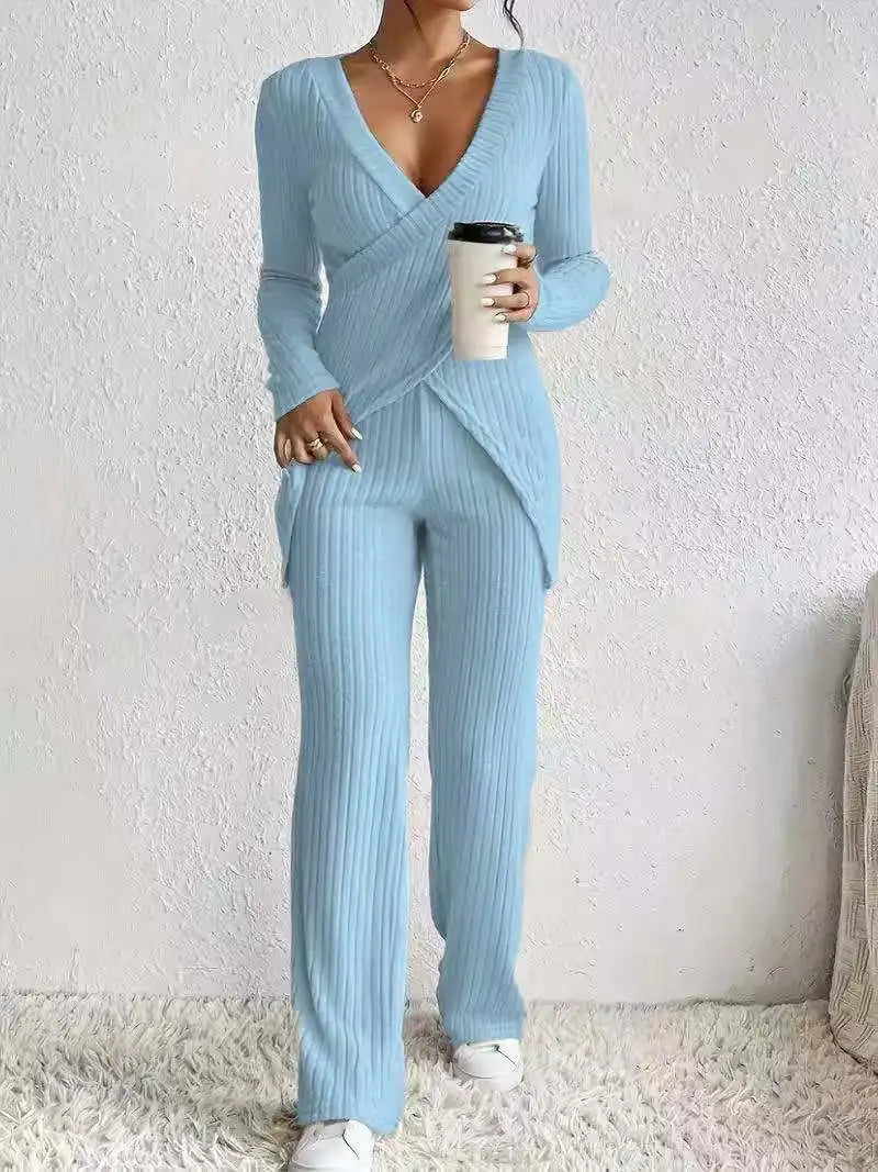 Women's Casual Solid  Long Sleeve V Neck Slim Tops+High Waist Pants 2 Pieces Set