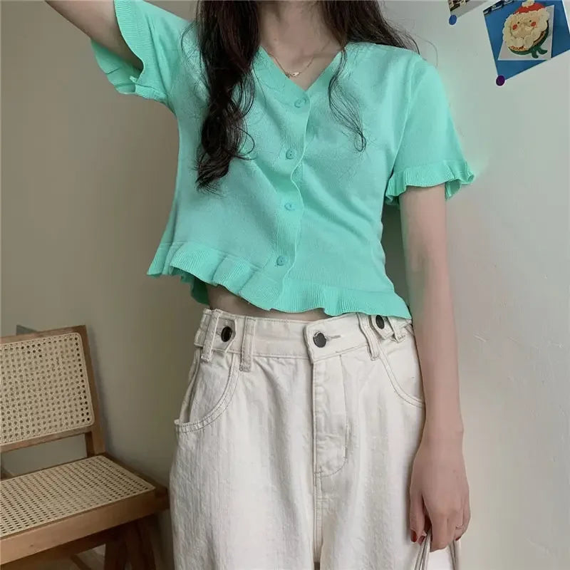 Women's Knitwear  Top V-neck Short-Sleeved