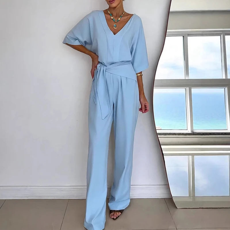 Women's Fashion Loose Playsuits Simple Solid V-neck Short Sleeved Romper