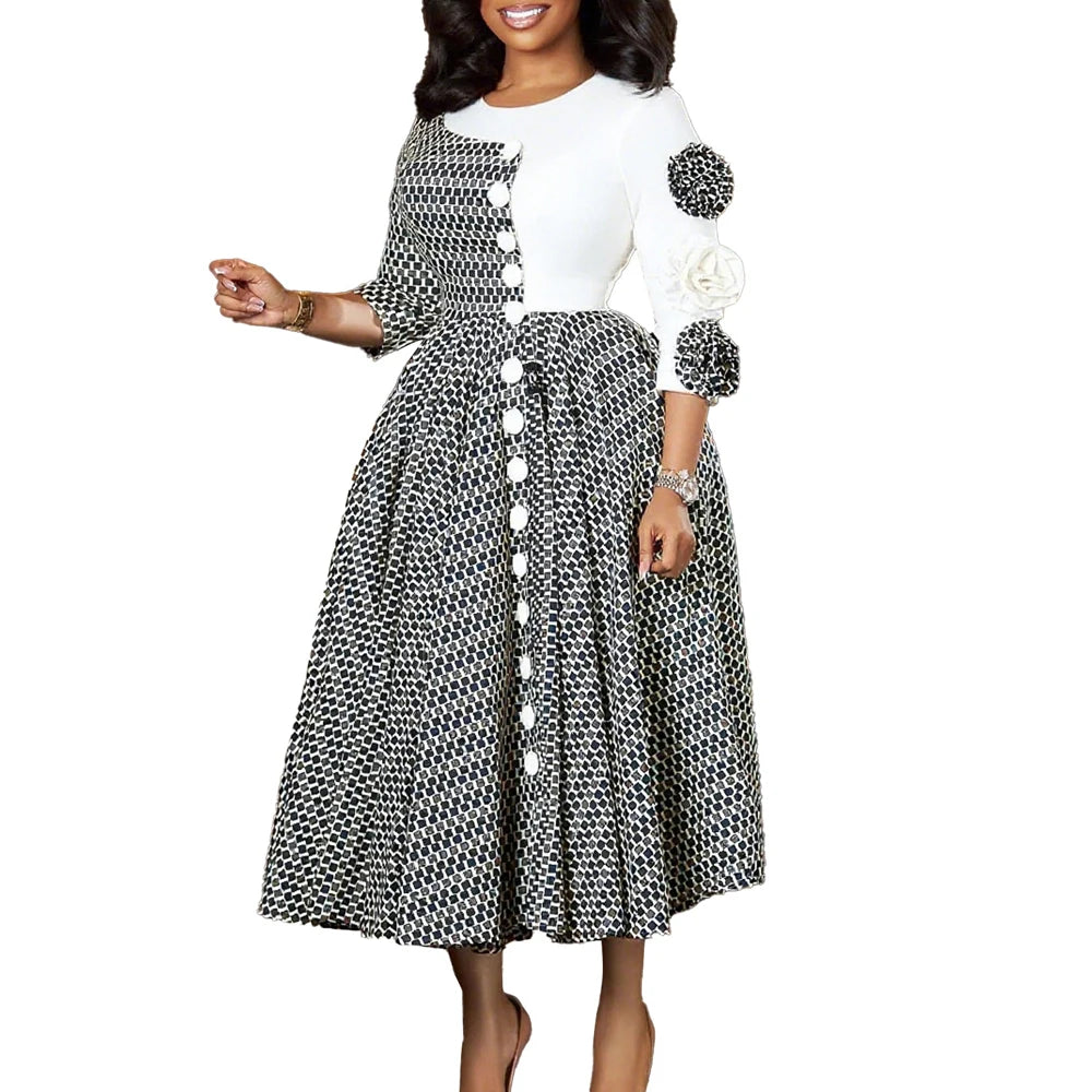 African 3/4 Sleeve Party Birthday New Robe Chic Flower Plaid Evening Dress