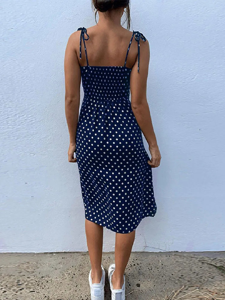 Causal Polka Dot Sleeveless High Pleated elastic waist V-Neck Beach Dress
