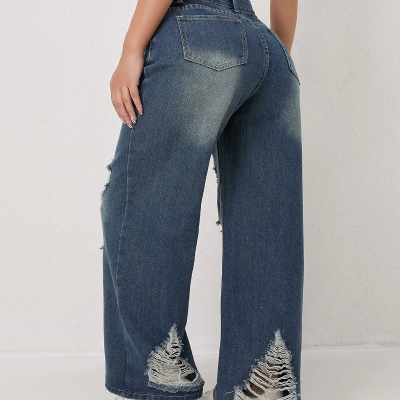 High-waisted Ripped Loose Wide-leg Jeans