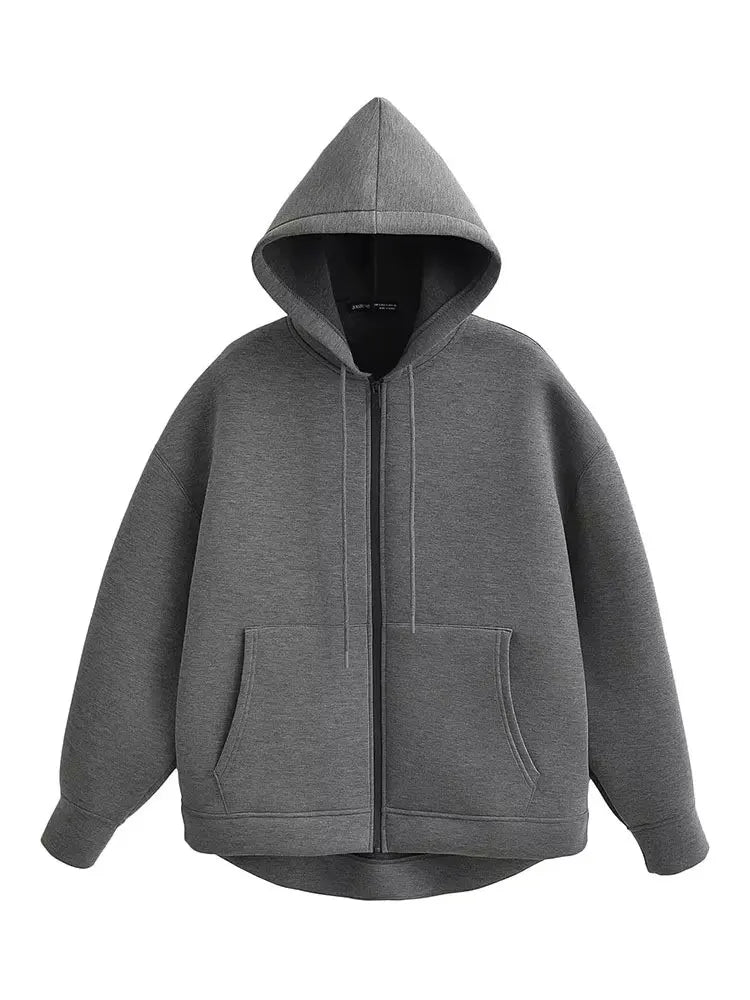 Gray Jacket With Hood Long Sleeve Big Pocket Zipper Jacket