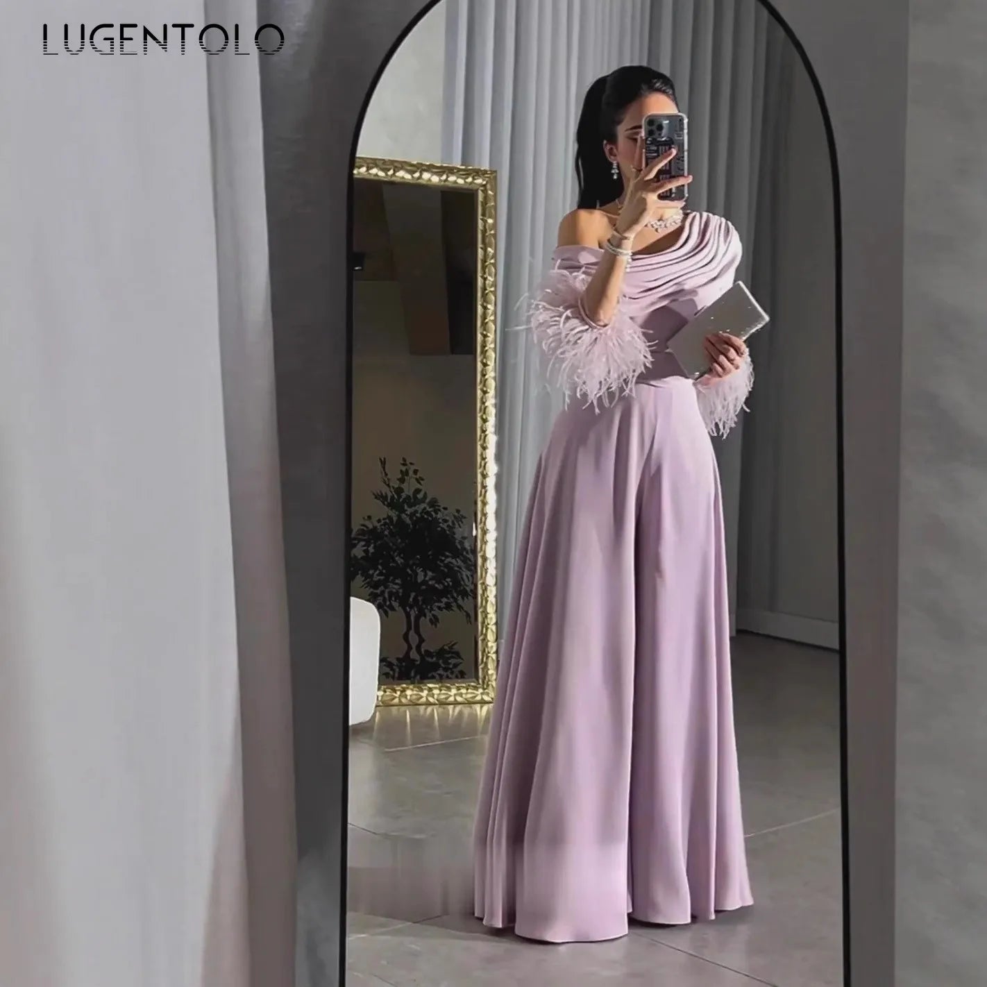 Women Sexy Jumpsuits Feather-panelled  Wide-leg Pants Banquet Long Rompers