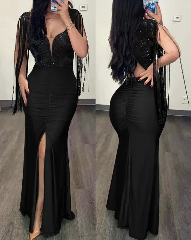 Sexy Party Glamorous Contrast Sequin Ruched Slit  Dress