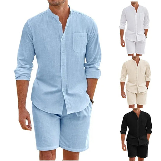 Summer Men's Casual Sets Breathable Cotton Linen Vintage Stand