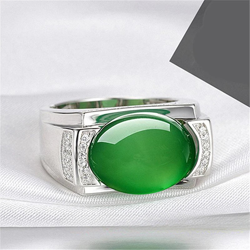 Green Jade Ring Fashion Chalcedony Men Gifts Gemstone Lucky Jewelry Zircon
