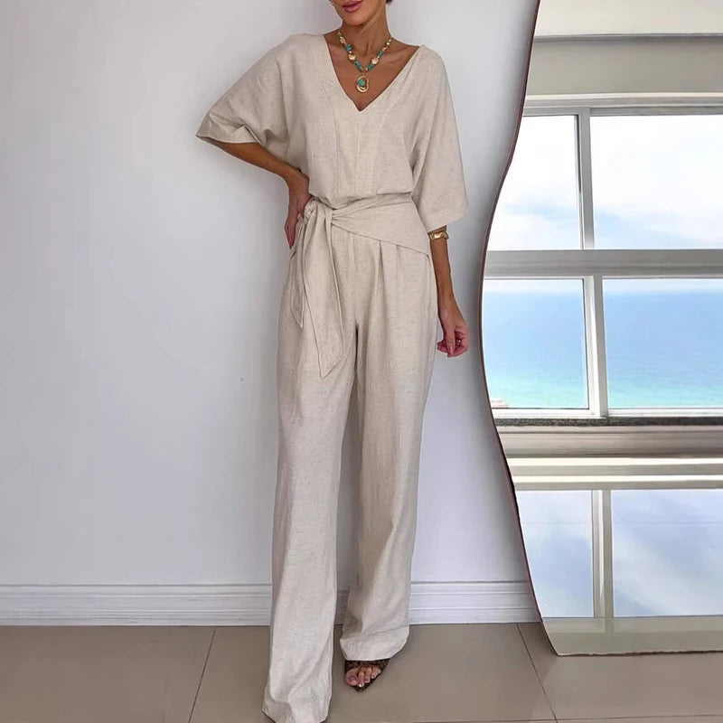 Women's Fashion Loose Playsuits Simple Solid V-neck Short Sleeved Romper