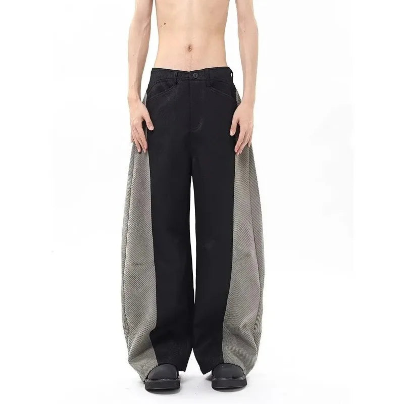 Men's Panel Wide-Leg Pants Contrast Herringbone Side Stripe Baggy Fit
