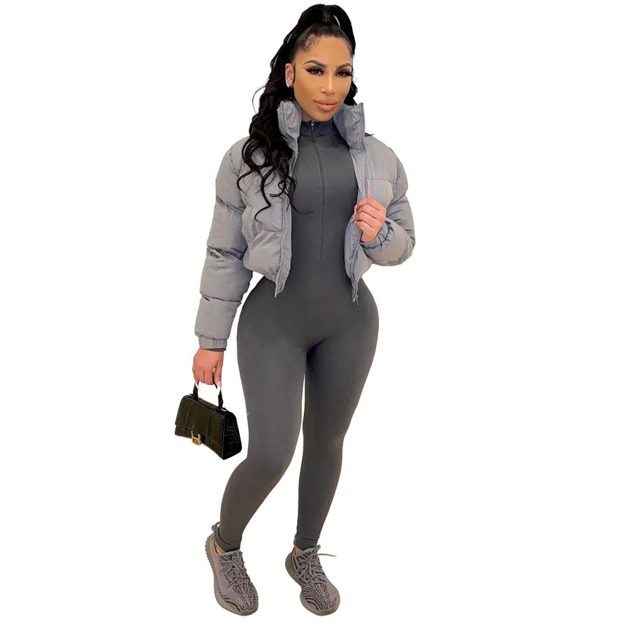 Long Sleeve Zipper Design Casual Plain O-Neck Daily Crop Puffer Jacket Coat