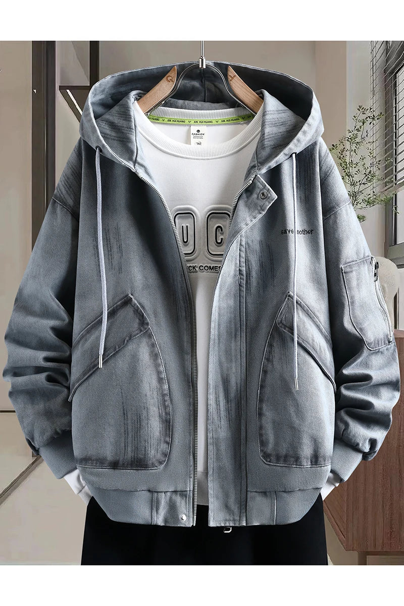 Men's Fashionable Denim Jacket - Cotton Blend Hooded Pullover