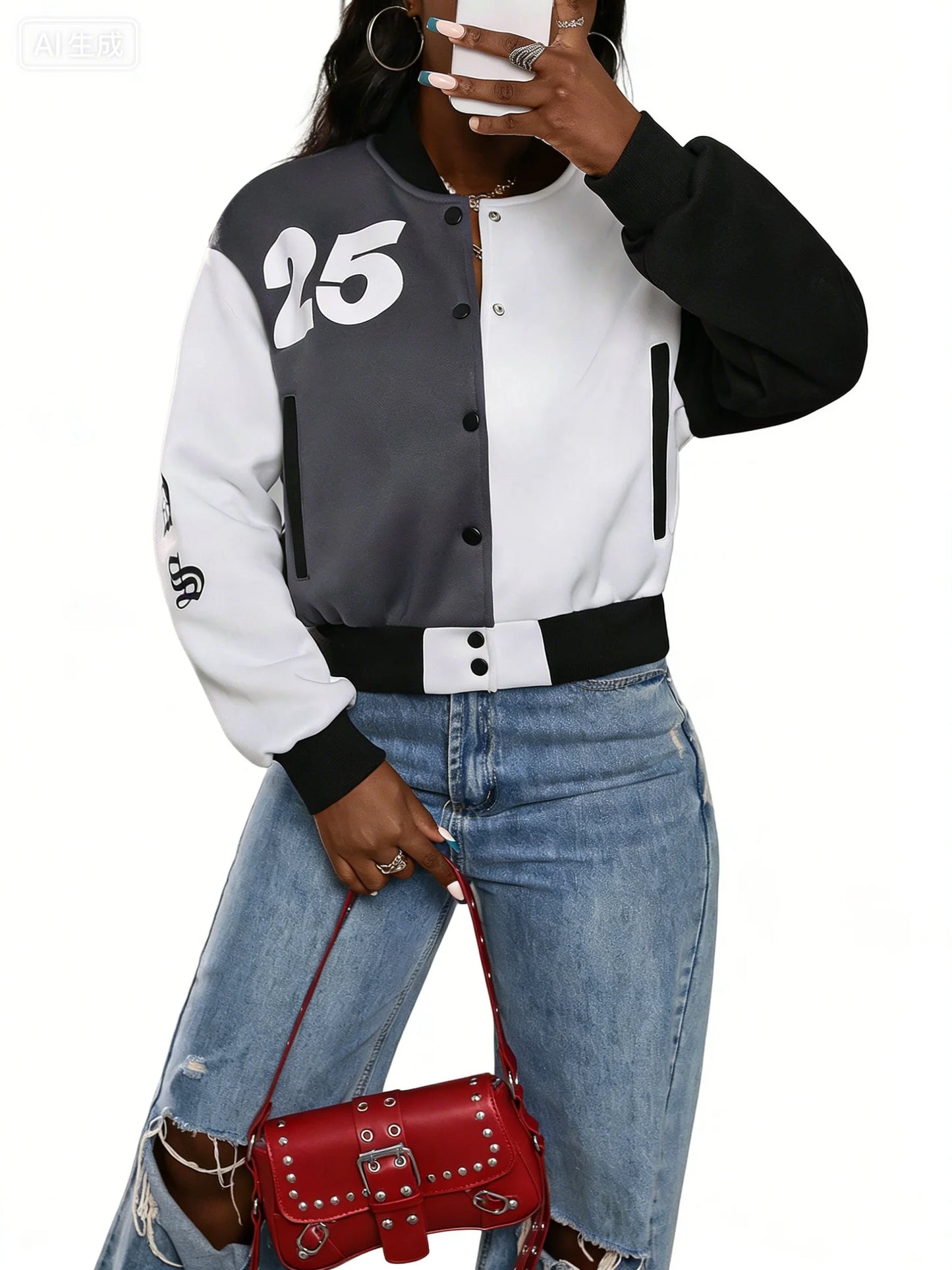 Women's Trendy Varsity Jackets Knitted Baseball Coats with Button Front Pockets