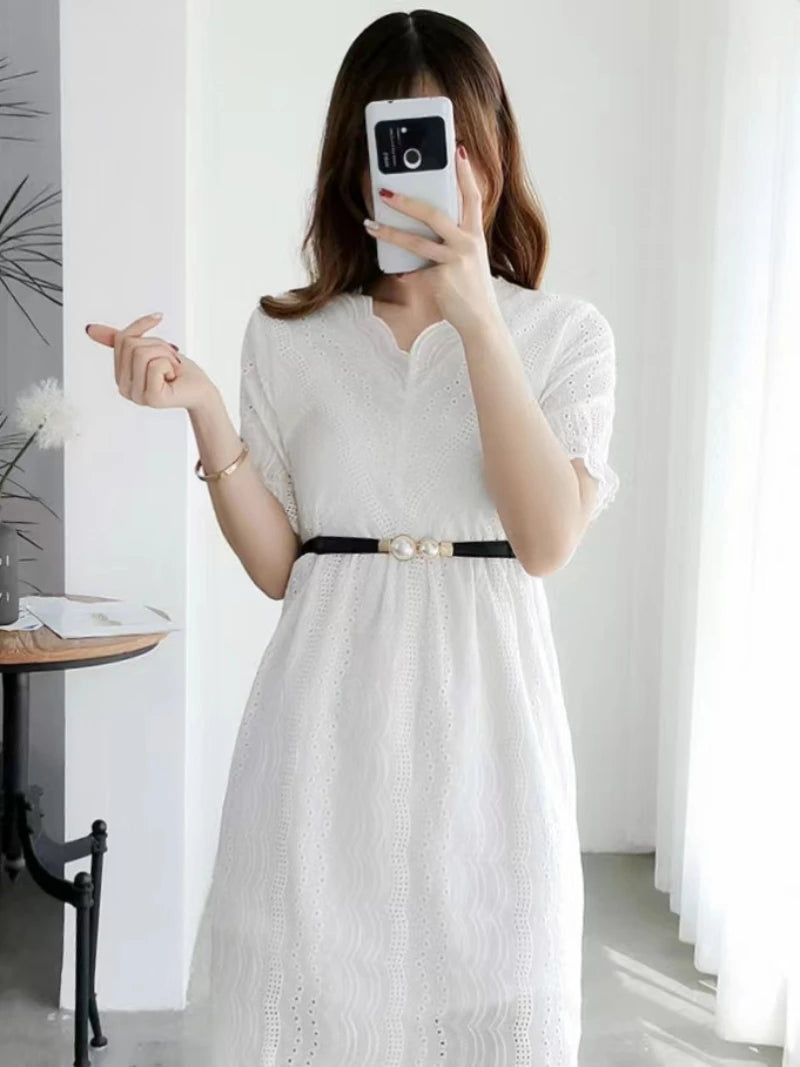 Double Pearls Buckle Elastic Women Belts