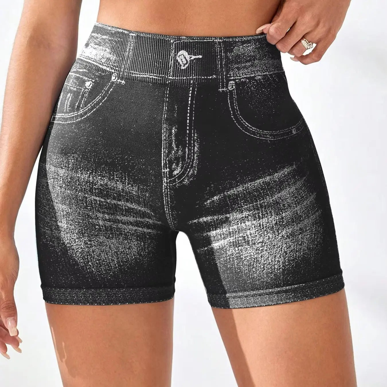 Women V back Shorts Faux Jeans Elastic Workout Pants Butt Lifting